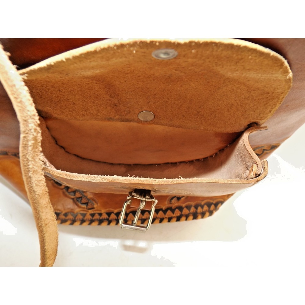 Leather Tooled & Stiched Backpack Purse Aztec design 13 x 9 x 5" - Picture 8 of 16